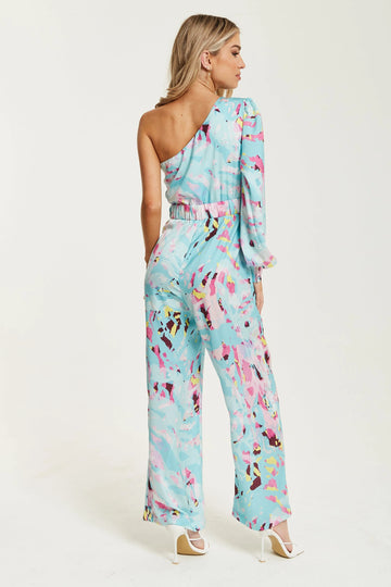 Blue Abstract Print One Shoulder Jumpsui Liquorish